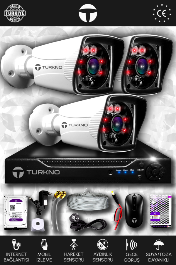 3 Kameralı Karia 3 Dış Kamera Set 100 GB HDD Full HD Gece Görüşlü Güvenlik Kamerası Sistemi