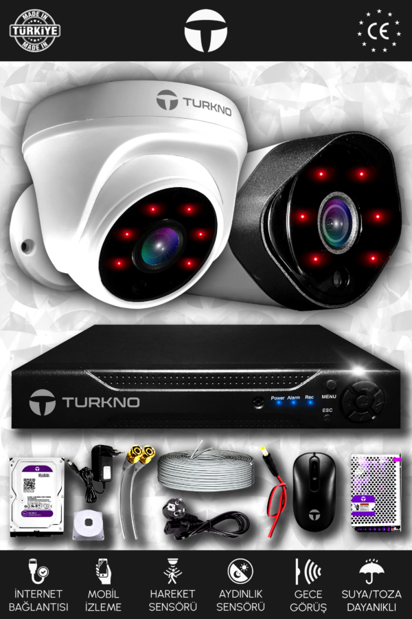 2 Kameralı Galia 1 İç Kamera Set 2 TB HDD Full HD Gece Görüşlü Güvenlik Kamerası Sistemi