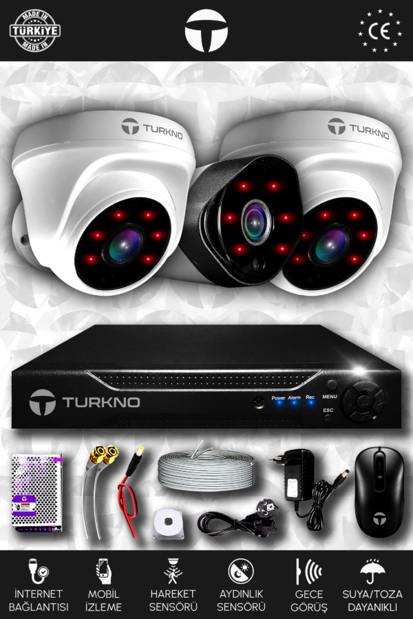 3 Kameralı Galia 2 İç Kamera Set HDD'siz Full HD Gece Görüşlü Güvenlik Kamerası Sistemi