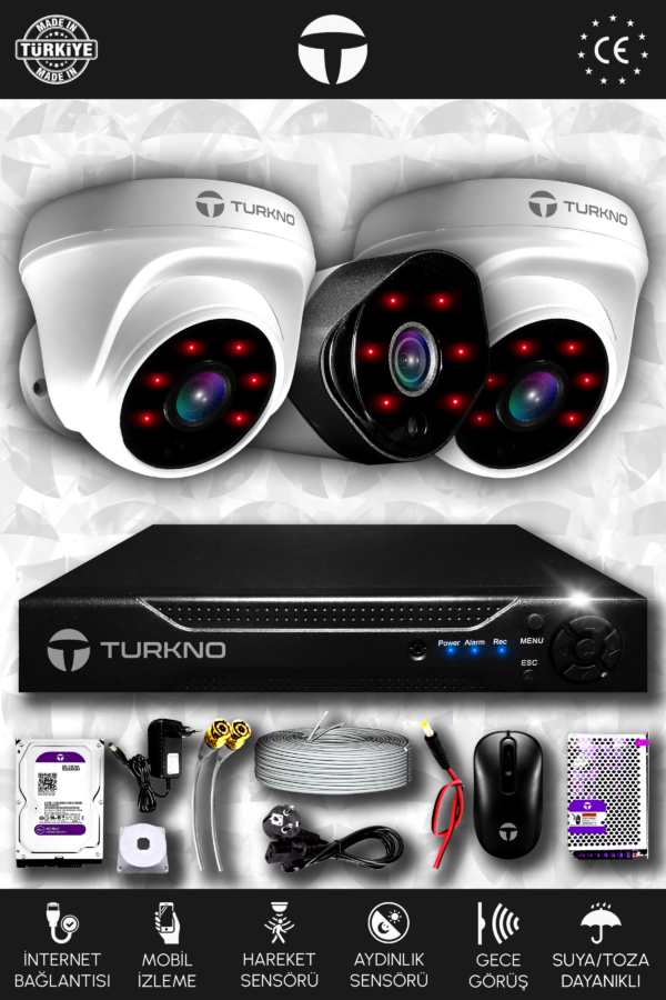 3 Kameralı Galia 2 İç Kamera Set 1 TB HDD Full HD Gece Görüşlü Güvenlik Kamerası Sistemi