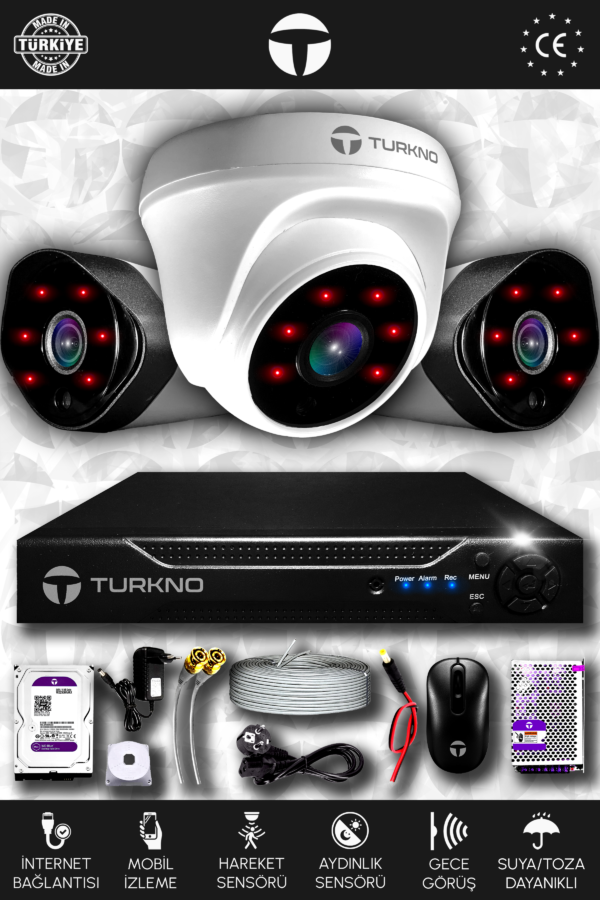 3 Kameralı Galia 1 İç Kamera Set 1 TB HDD Full HD Gece Görüşlü Güvenlik Kamerası Sistemi