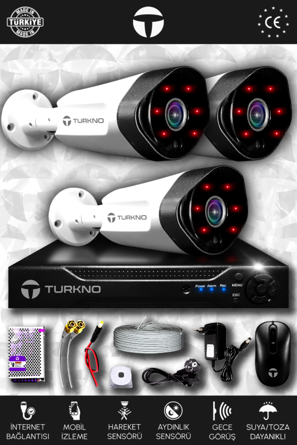 3 Kameralı Galia 3 Dış Kamera Set HDD'siz Full HD Gece Görüşlü Güvenlik Kamerası Sistemi