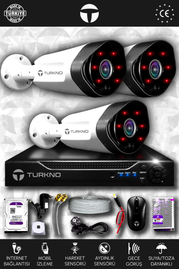 3 Kameralı Galia 3 Dış Kamera Set 1 TB HDD Full HD Gece Görüşlü Güvenlik Kamerası Sistemi