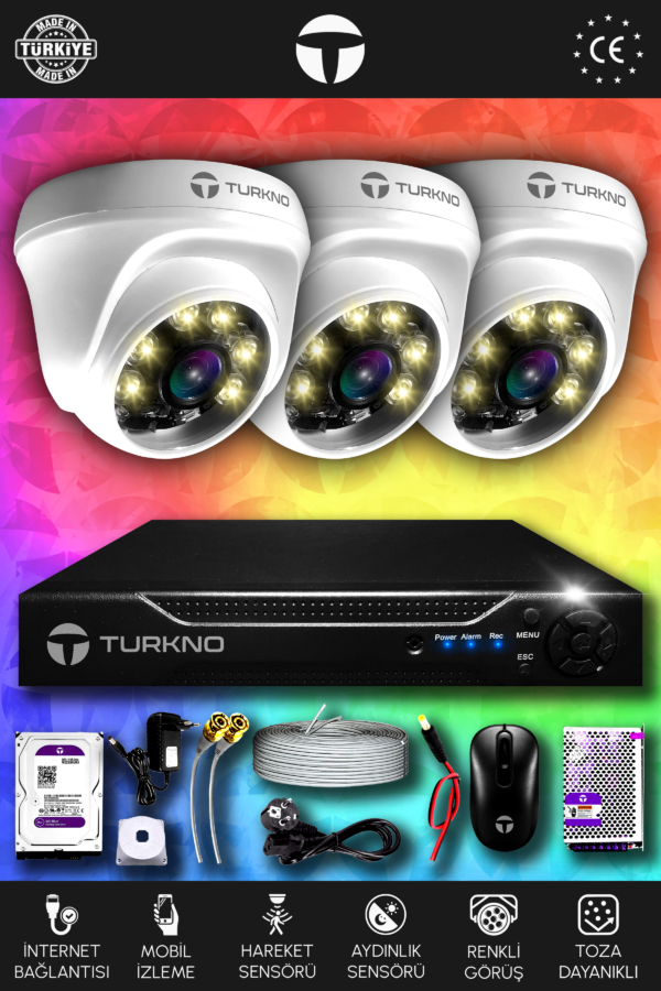 3 Kameralı Domie 3 İç Kamera Set HDD'siz Full HD Renkli Gece Görüşlü Güvenlik Kamerası Sistemi