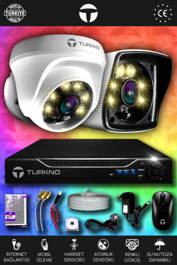2 Kameralı Karie 1 İç Kamera Set HDD'siz Full HD Renkli Gece Görüşlü Güvenlik Kamerası Sistemi