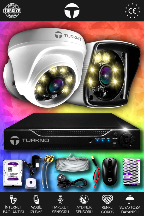 2 Kameralı Karie 1 İç Kamera Set 500 GB HDD Full HD Renkli Gece Görüşlü Güvenlik Kamerası Sistemi
