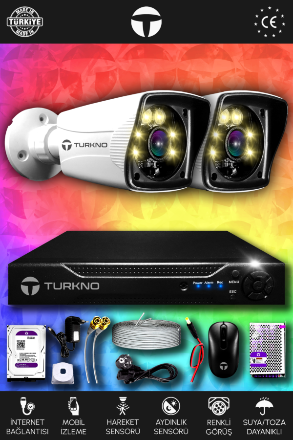 2 Kameralı Karie 2 Dış Kamera Set 500 GB HDD Full HD Renkli Gece Görüşlü Güvenlik Kamerası Sistemi