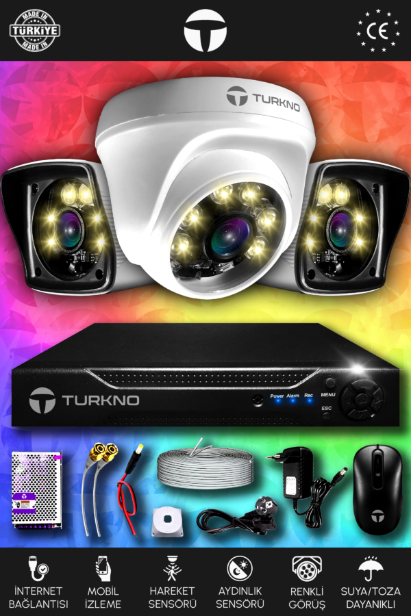 3 Kameralı Karie 1 İç Kamera Set HDD'siz Full HD Renkli Gece Görüşlü Güvenlik Kamerası Sistemi