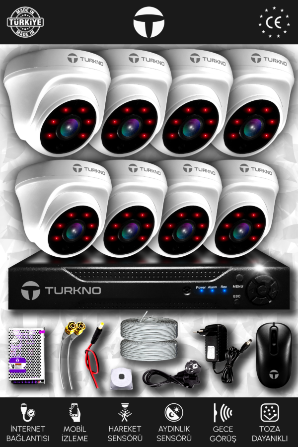 8 Kameralı Domia 8 İç Kamera Set HDD'siz Full HD Gece Görüşlü Güvenlik Kamerası Sistemi