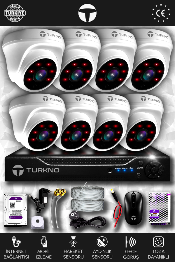 8 Kameralı Domia 8 İç Kamera Set 1 TB HDD Full HD Gece Görüşlü Güvenlik Kamerası Sistemi