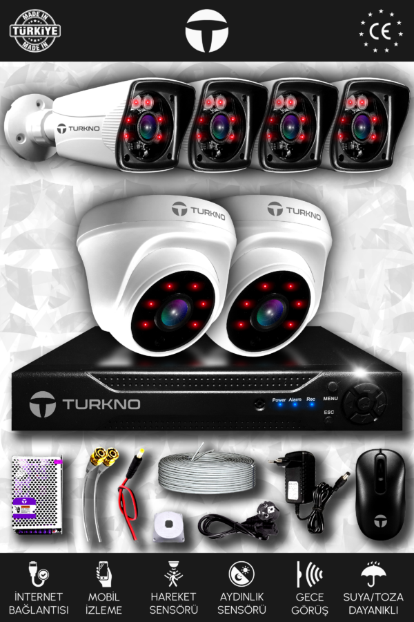 6 Kameralı Karia 2 İç Kamera Set HDD'siz Full HD Gece Görüşlü Güvenlik Kamerası Sistemi