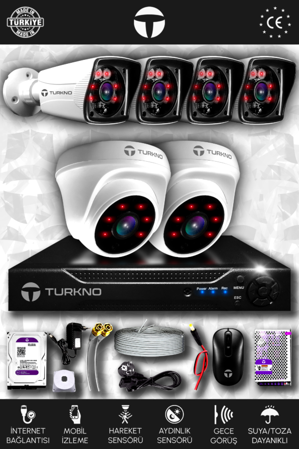 6 Kameralı Karia 2 İç Kamera Set 2 TB HDD Full HD Gece Görüşlü Güvenlik Kamerası Sistemi