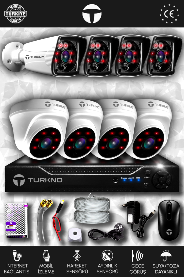 8 Kameralı Karia 4 İç Kamera Set HDD'siz Full HD Gece Görüşlü Güvenlik Kamerası Sistemi