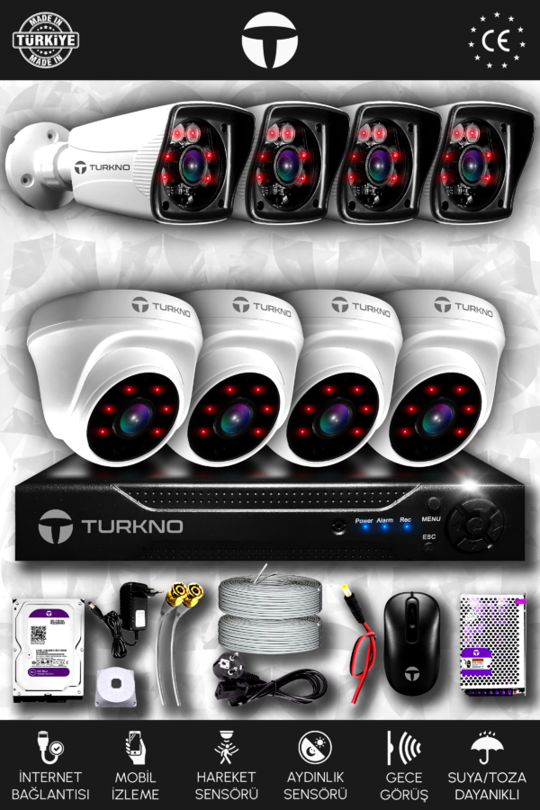 8 Kameralı Karia 4 İç Kamera Set 2 TB HDD Full HD Gece Görüşlü Güvenlik Kamerası Sistemi
