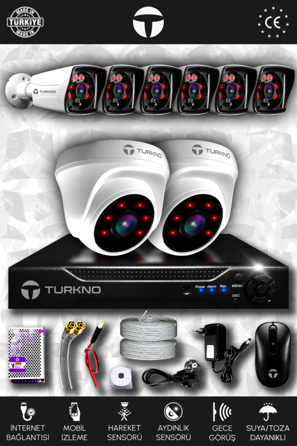 8 Kameralı Karia 2 İç Kamera Set HDD'siz Full HD Gece Görüşlü Güvenlik Kamerası Sistemi