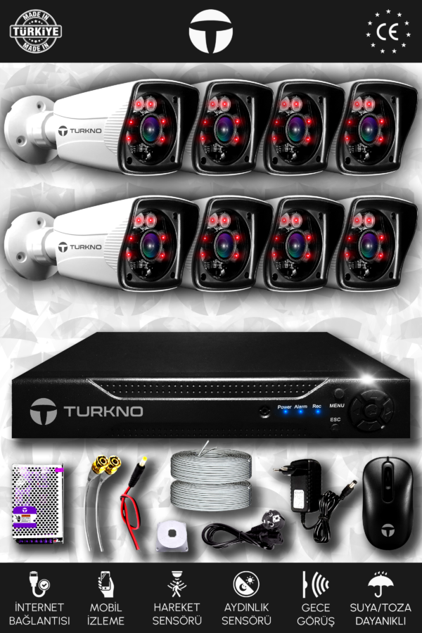 8 Kameralı Karia 8 Dış Kamera Set HDD'siz Full HD Gece Görüşlü Güvenlik Kamerası Sistemi