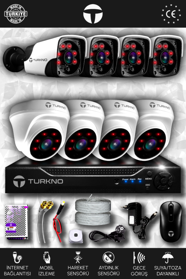 8 Kameralı Pania 4 İç Kamera Set HDD'siz Full HD Gece Görüşlü Güvenlik Kamerası Sistemi