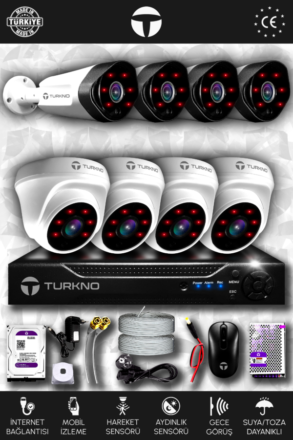 8 Kameralı Galia 4 İç Kamera Set 2 TB HDD Full HD Gece Görüşlü Güvenlik Kamerası Sistemi