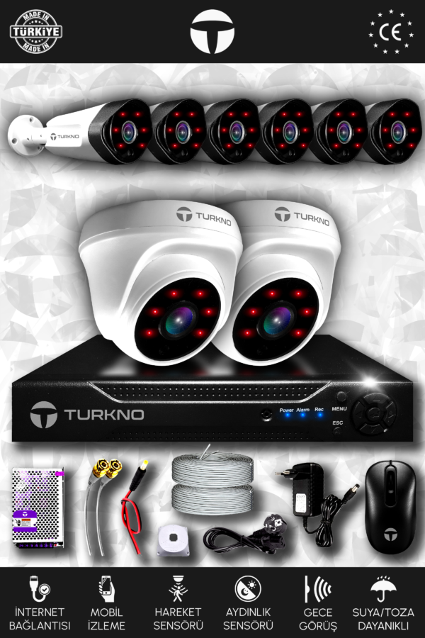 8 Kameralı Galia 2 İç Kamera Set HDD'siz Full HD Gece Görüşlü Güvenlik Kamerası Sistemi