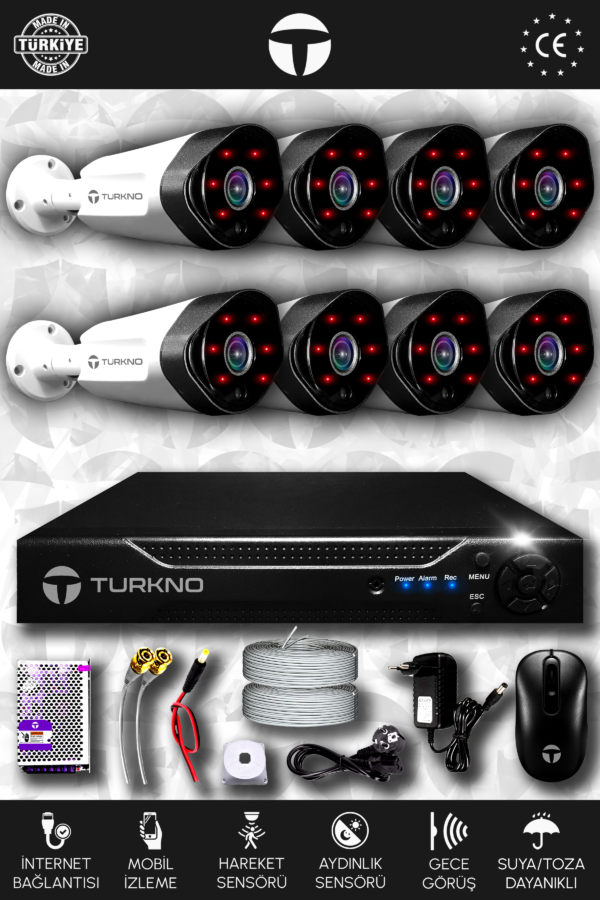 8 Kameralı Galia 8 Dış Kamera Set HDD'siz Full HD Gece Görüşlü Güvenlik Kamerası Sistemi