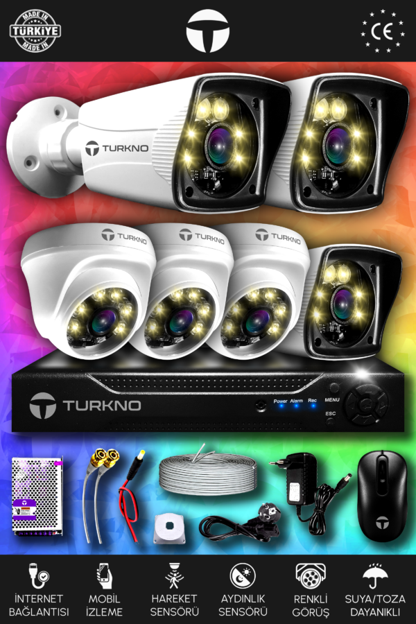 6 Kameralı Karie 3 İç Kamera Set HDD'siz Full HD Renkli Gece Görüşlü Güvenlik Kamerası Sistemi