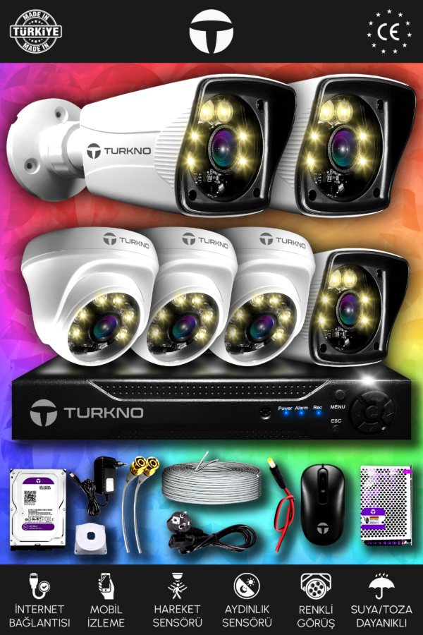 6 Kameralı Karie 3 İç Kamera Set 2 TB HDD Full HD Renkli Gece Görüşlü Güvenlik Kamerası Sistemi