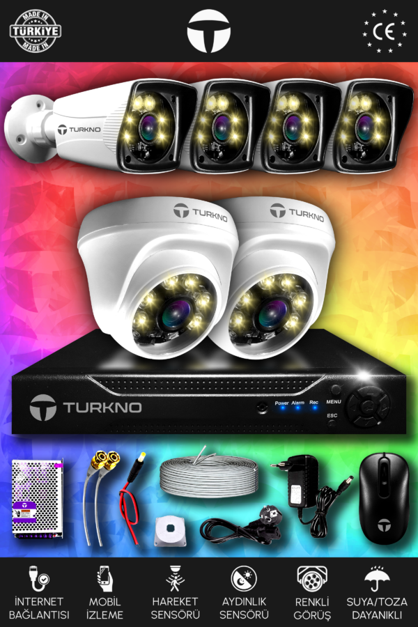 6 Kameralı Karie 2 İç Kamera Set HDD'siz Full HD Renkli Gece Görüşlü Güvenlik Kamerası Sistemi