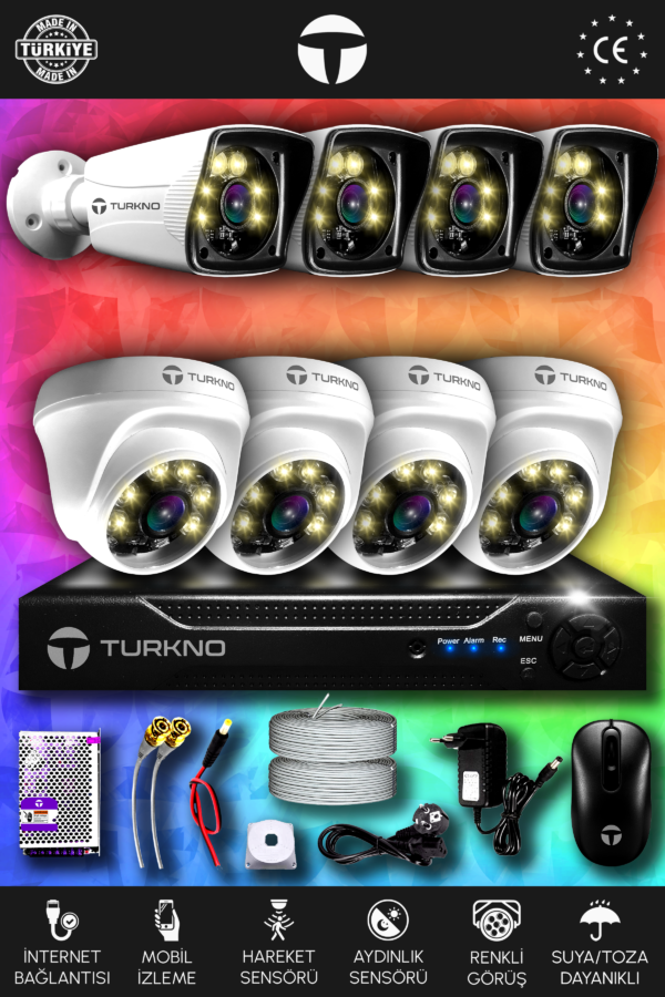 8 Kameralı Karie 4 İç Kamera Set HDD'siz Full HD Renkli Gece Görüşlü Güvenlik Kamerası Sistemi