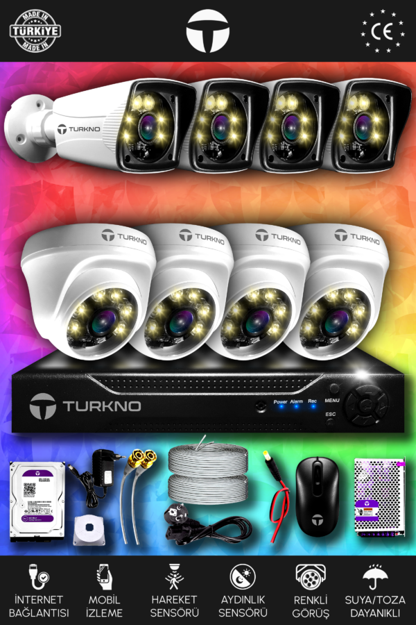 8 Kameralı Karie 4 İç Kamera Set 1 TB HDD Full HD Renkli Gece Görüşlü Güvenlik Kamerası Sistemi