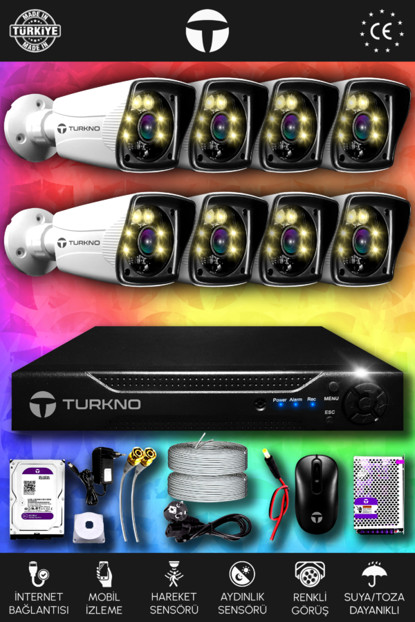 8 Kameralı Karie 8 Dış Kamera Set 2 TB HDD Full HD Renkli Gece Görüşlü Güvenlik Kamerası Sistemi