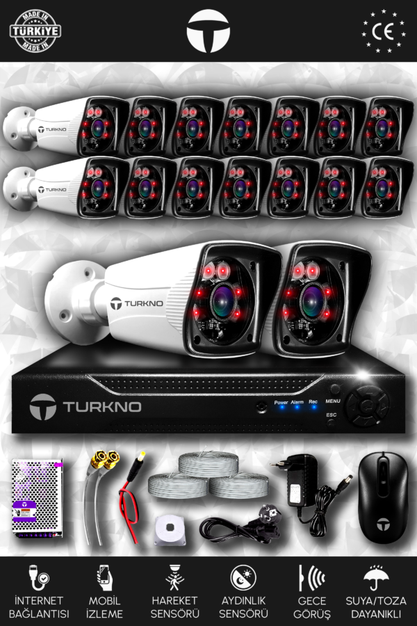 16 Kameralı Karia 16 Dış Kamera Set HDD'siz Full HD Gece Görüşlü Güvenlik Kamerası Sistemi