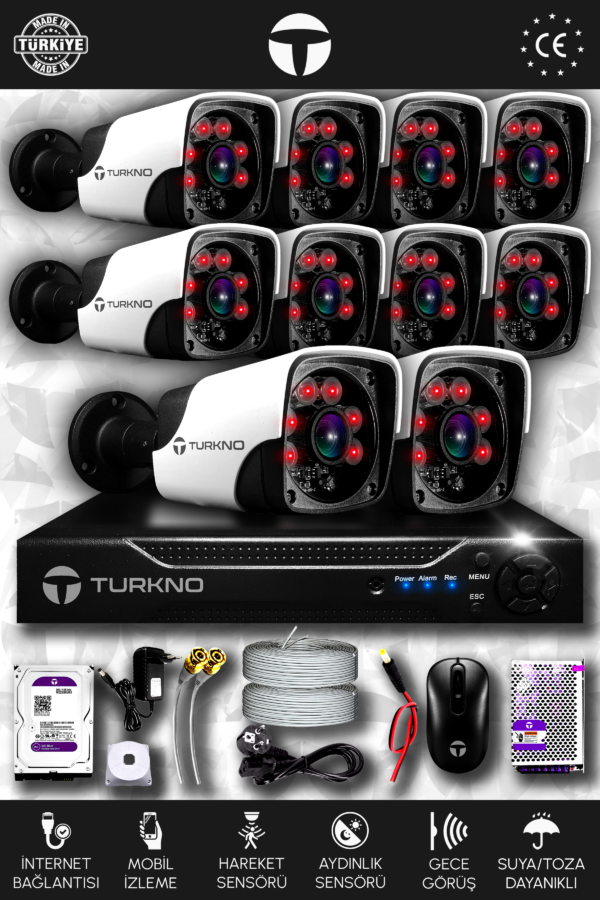 10 Kameralı Pania 10 Dış Kamera Set 100 GB HDD Full HD Gece Görüşlü Güvenlik Kamerası Sistemi