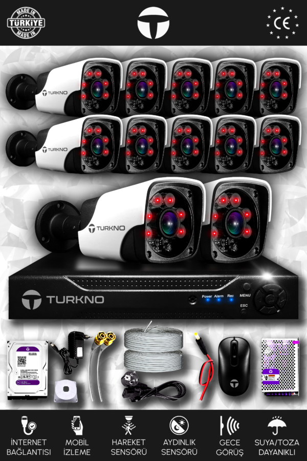 12 Kameralı Pania 12 Dış Kamera Set 2 TB HDD Full HD Gece Görüşlü Güvenlik Kamerası Sistemi