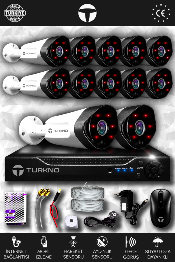 12 Kameralı Galia 12 Dış Kamera Set HDD'siz Full HD Gece Görüşlü Güvenlik Kamerası Sistemi