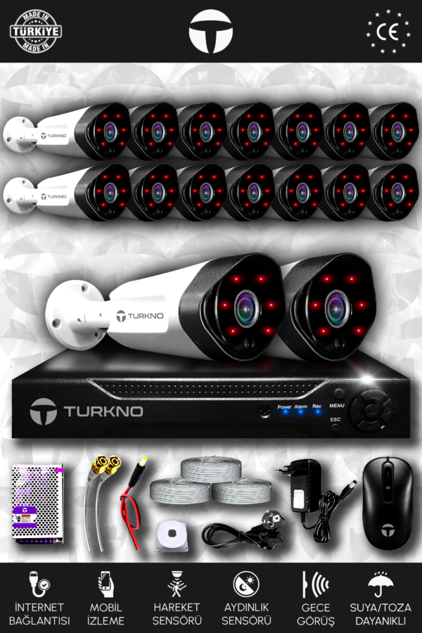 16 Kameralı Galia 16 Dış Kamera Set HDD'siz Full HD Gece Görüşlü Güvenlik Kamerası Sistemi