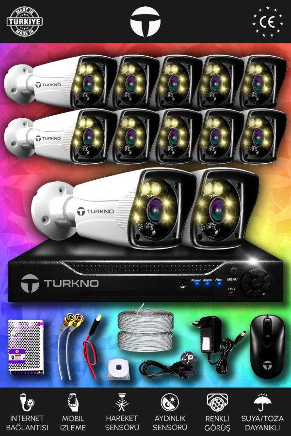12 Kameralı Karie 12 Dış Kamera Set HDD'siz Full HD Renkli Gece Görüşlü Güvenlik Kamerası Sistemi