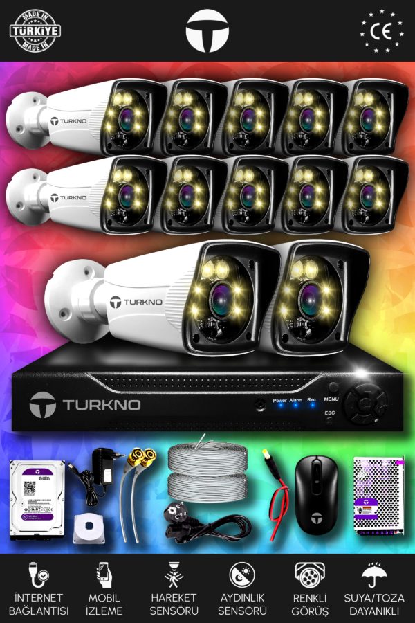 12 Kameralı Karie 12 Dış Kamera Set 100 GB HDD Full HD Renkli Gece Görüşlü Güvenlik Kamerası Sistemi