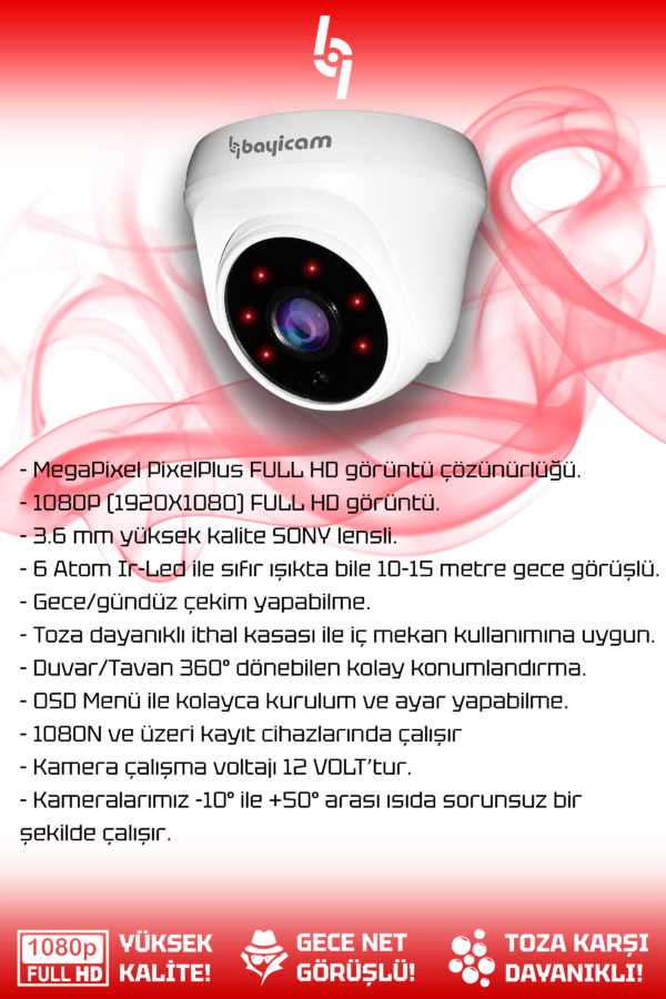 1 Kameralı Dome 1 İç Kamera Set 1 TB HDD Full HD Gece Görüşlü Güvenlik Kamerası Sistemi - Görsel 2