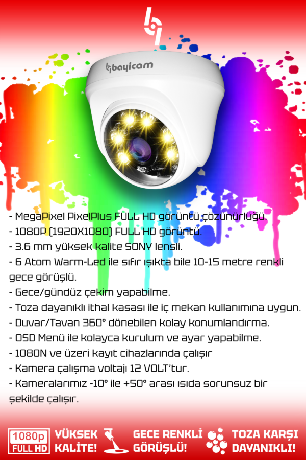 1 Dome Kamera Dome İç Mekan Full HD Renkli Gece Görüşlü Warmled Kameralı AHD Güvenlik Kamerası - Görsel 2