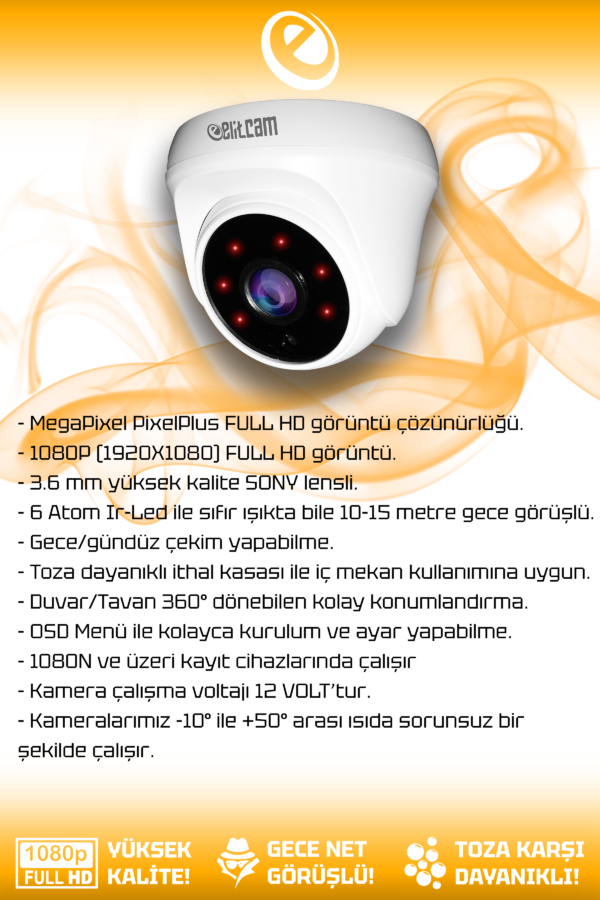 1 Dome Kamera Dome İç Mekan Full HD Gece Görüşlü Irled Kameralı AHD Güvenlik Kamerası - Görsel 2