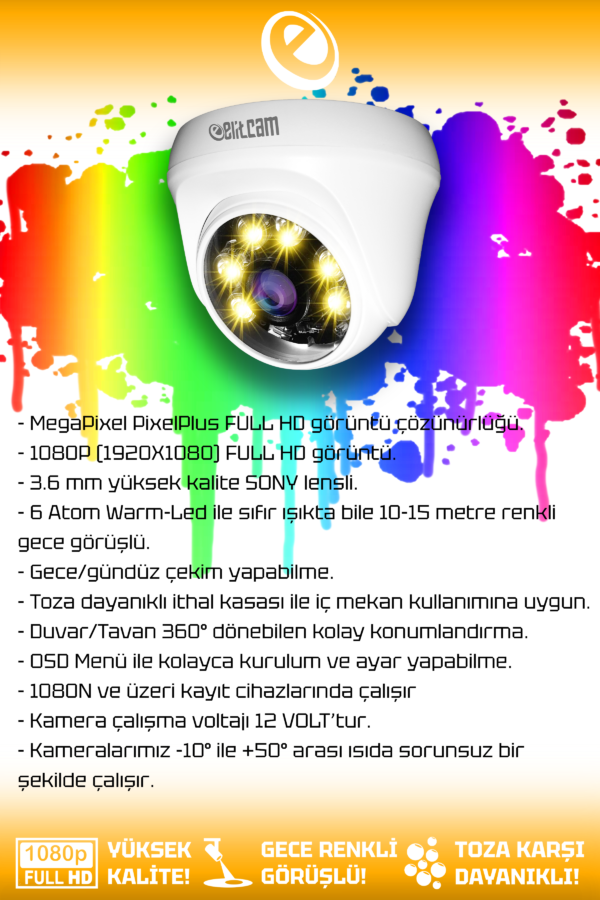 1 Dome Kamera Dome İç Mekan Full HD Renkli Gece Görüşlü Warmled Kameralı AHD Güvenlik Kamerası - Görsel 2