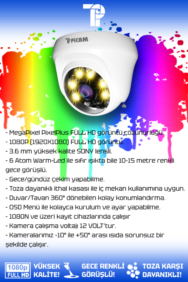 1 Kameralı Dome 1 İç Kamera Set 2 TB HDD Full HD Renkli Gece Görüşlü Güvenlik Kamerası Sistemi - Görsel 2