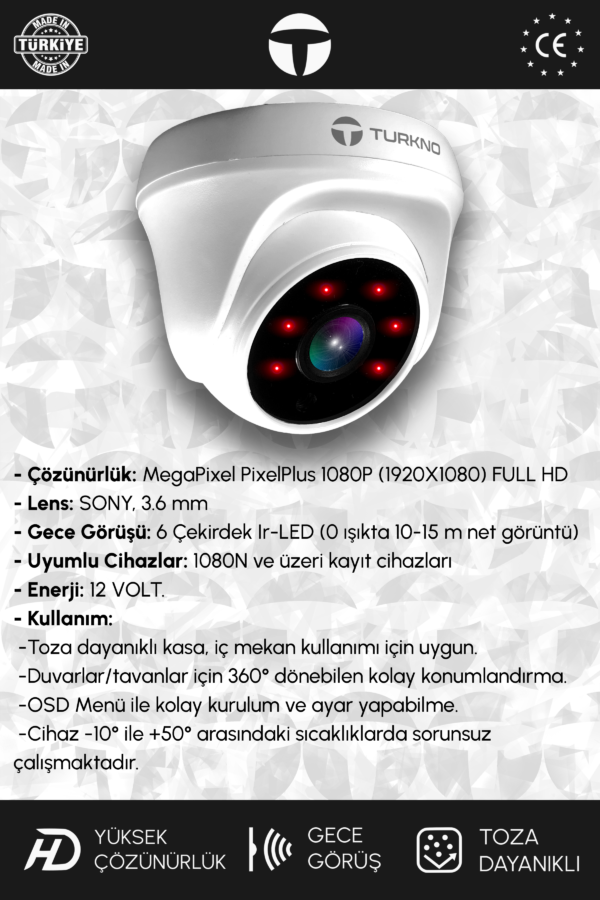 1 Domia Kamera Dome İç Mekan Full HD Gece Görüşlü Irled Kameralı AHD Güvenlik Kamerası - Görsel 2