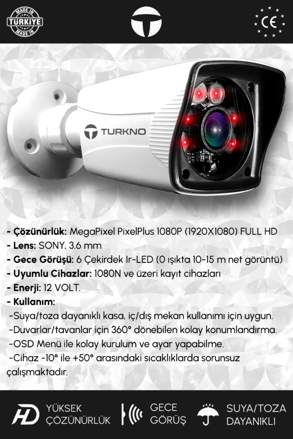 1 Karia Kamera Bullet Dış Mekan Full HD Gece Görüşlü Irled Kameralı AHD Güvenlik Kamerası - Görsel 2