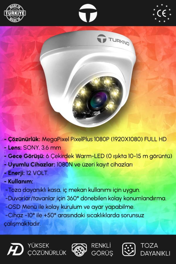 1 Domie Kamera Dome İç Mekan Full HD Renkli Gece Görüşlü Warmled Kameralı AHD Güvenlik Kamerası - Görsel 2